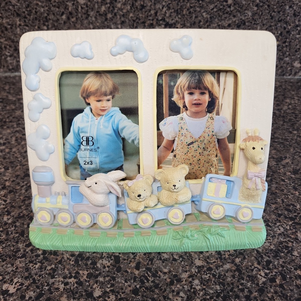 VINTAGE Burnes of Boston‎ Ceramic Double Picture Frame Nursery Animal Train Y2K